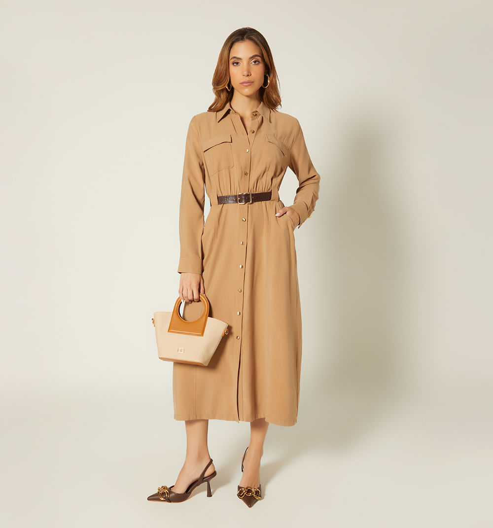 Vestido Midi Manga Larga Con Cinturon