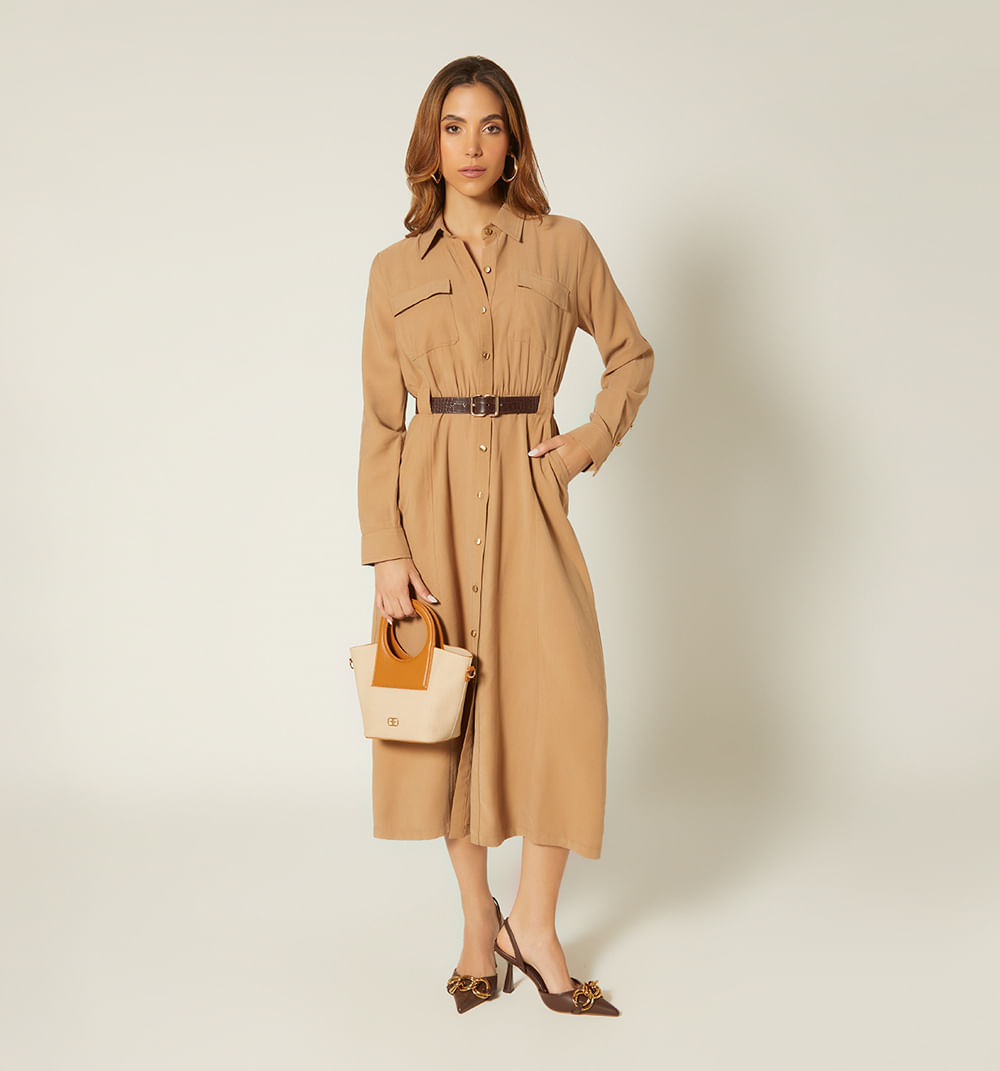 Vestido Midi Manga Larga Con Cinturon