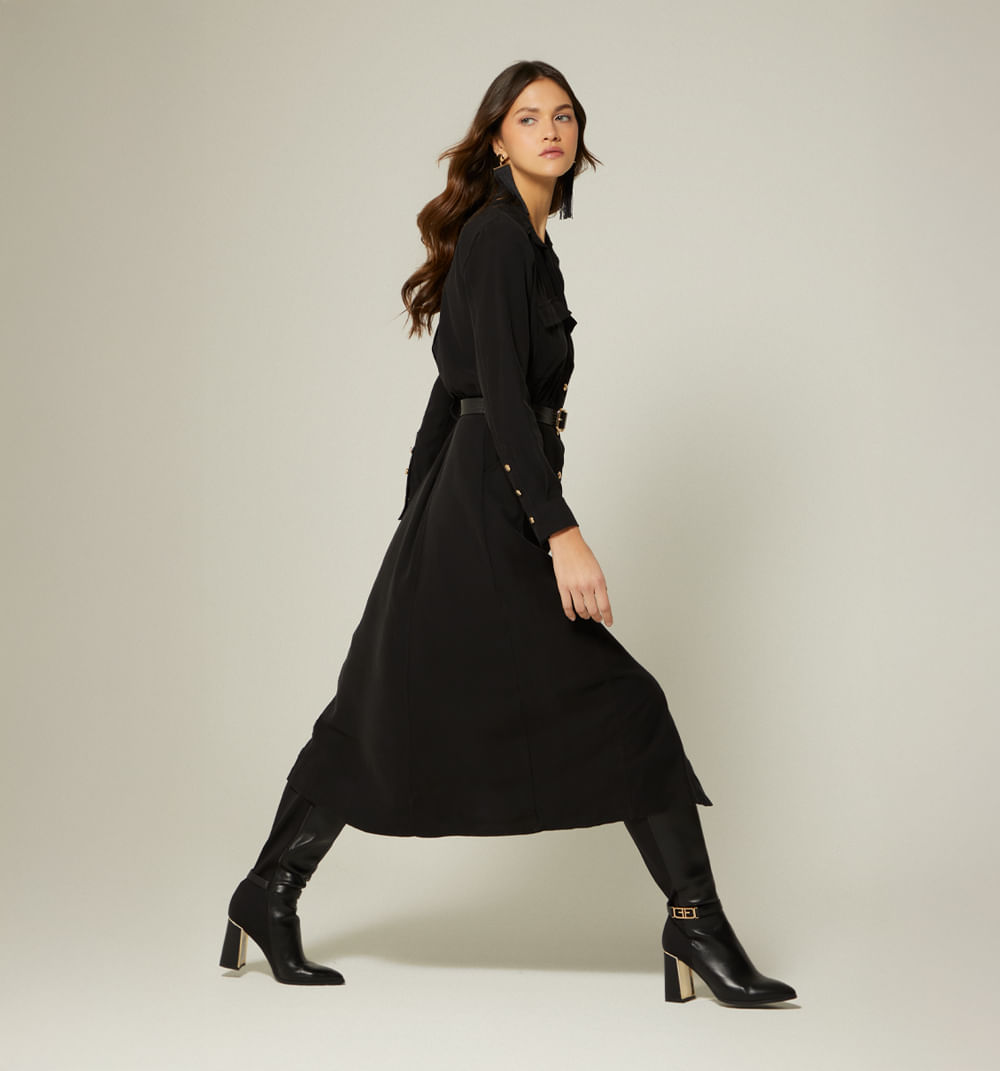 Vestido Midi Manga Larga Con Cinturon