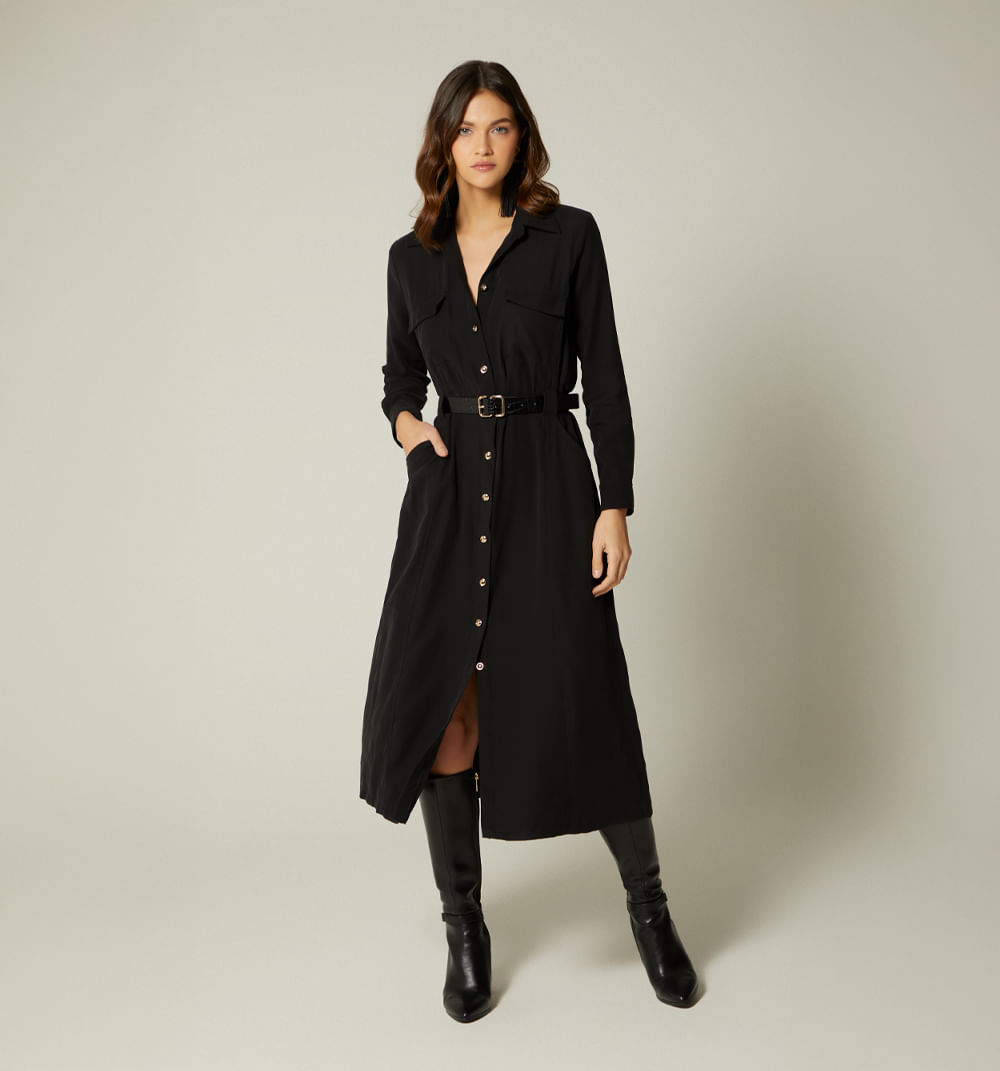 Vestido Midi Manga Larga Con Cinturon