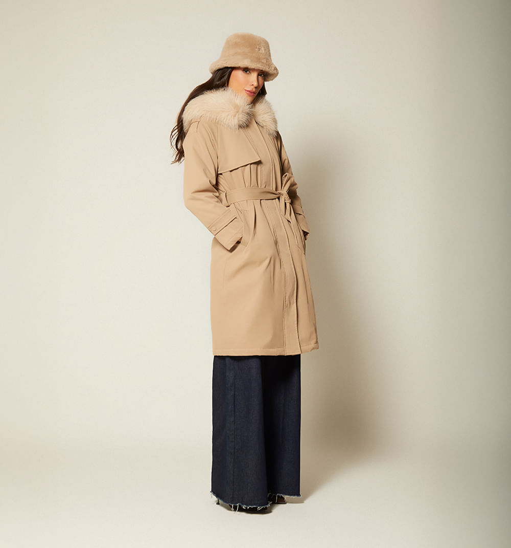 Abrigo Largo Cuello Sintetico Y Cinturon