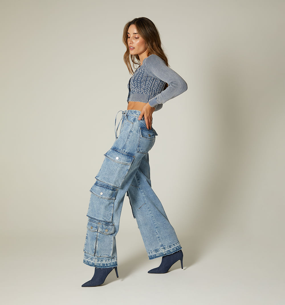 Jean Wide Leg, Tiro Alto, Bolsillos Utilitarios, Cortes