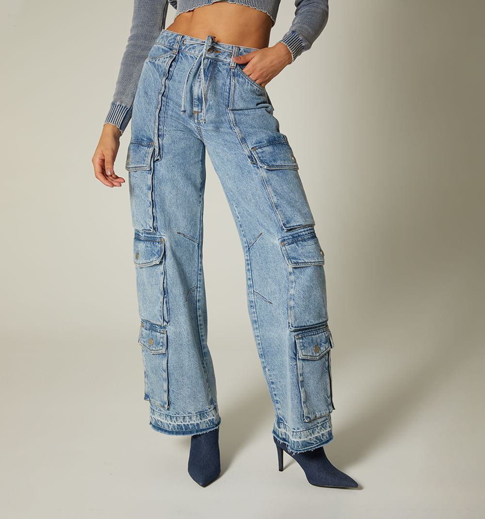 Jean Wide Leg, Tiro Alto, Bolsillos Utilitarios, Cortes