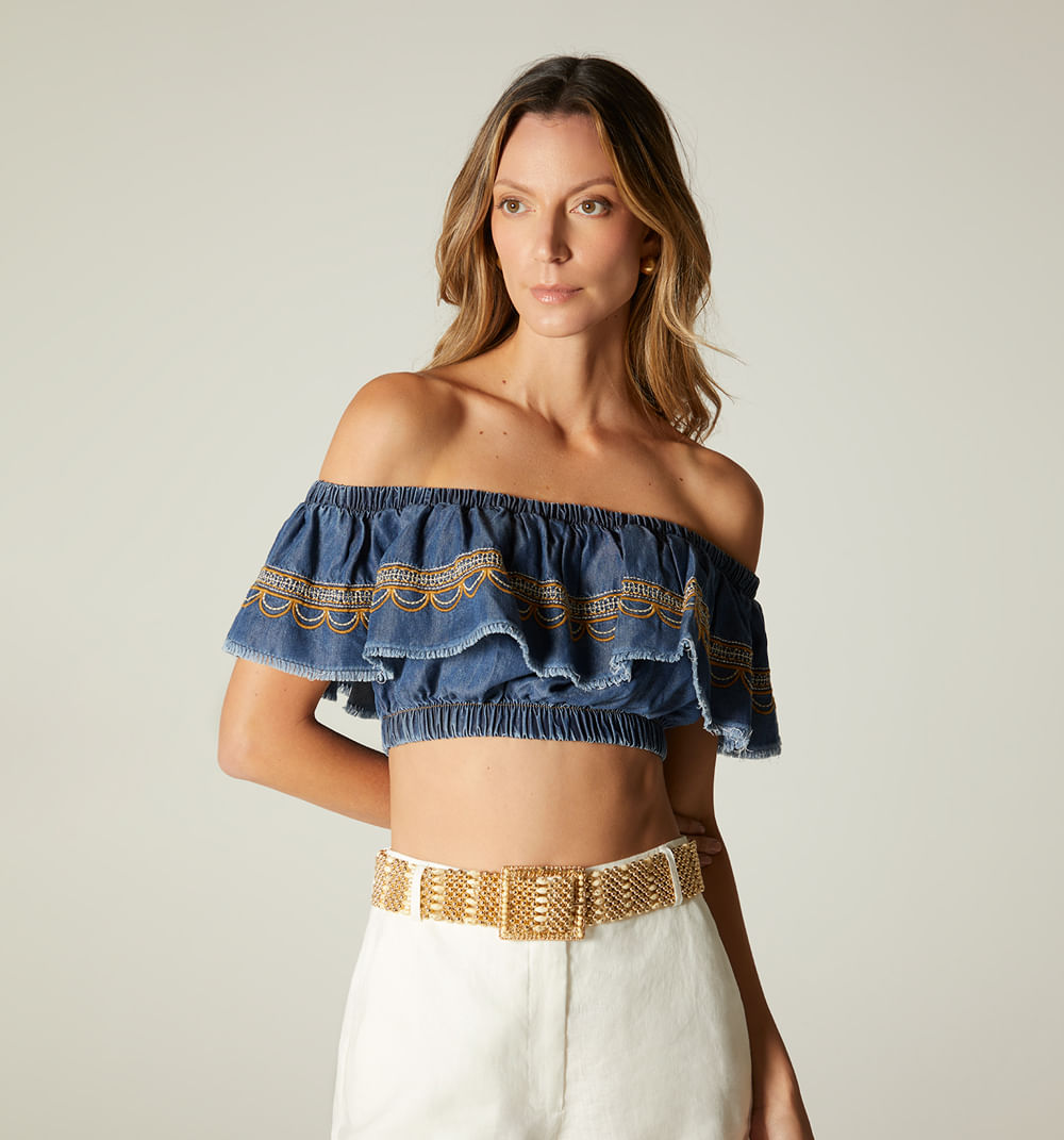 Blusa Escote Bandeja, Tipo Campesina, Con Bordao, Acabado Ru