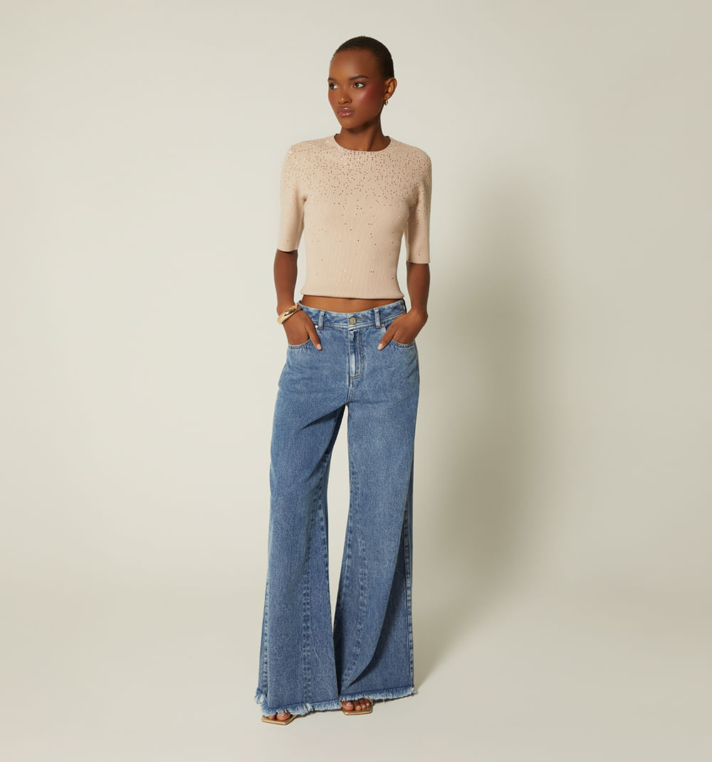 Blusa Tejida Cuello Redondon Con Hotfix