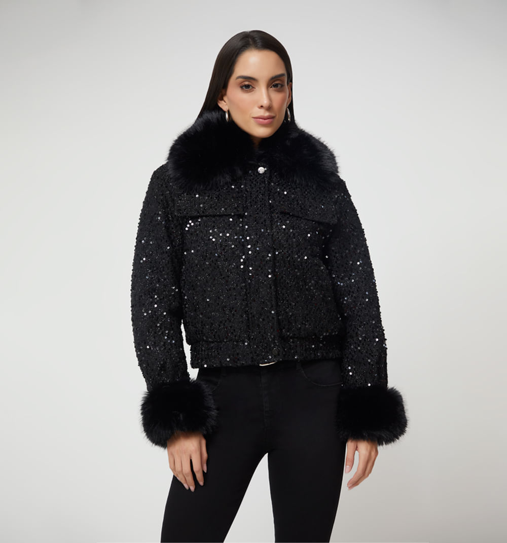 Chamarra Lentejuelas Puño/Cuello Pelos