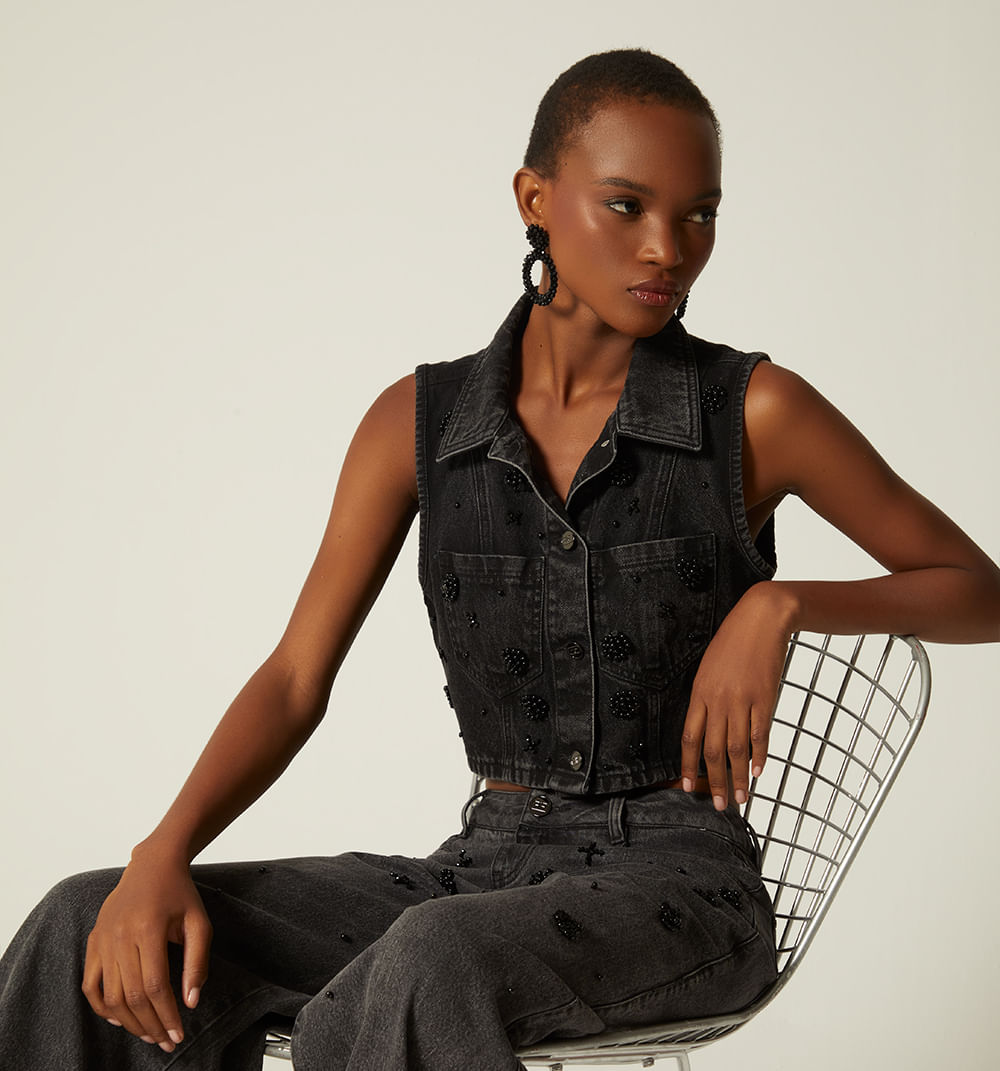 Jean Wide Leg Tiro Alto Perlas Negras