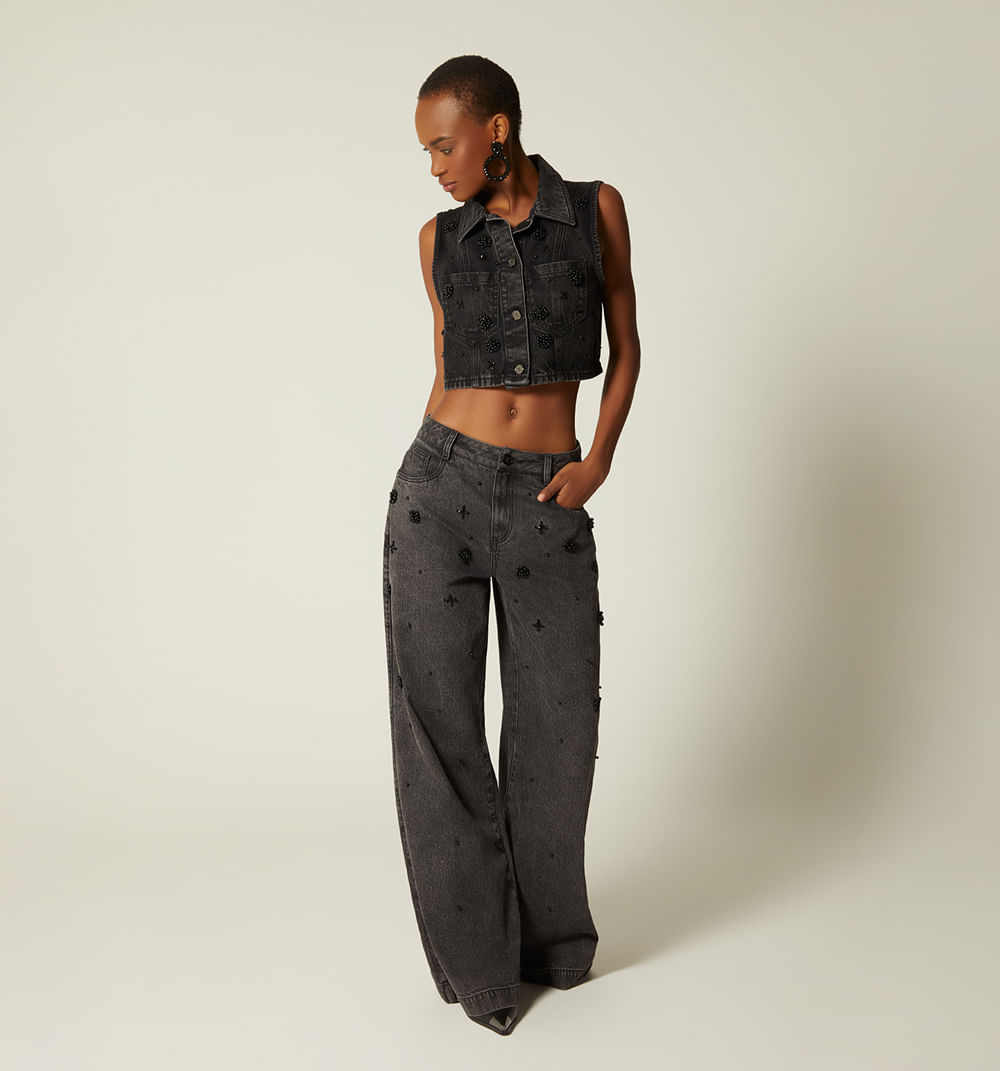 Jean Wide Leg Tiro Alto Perlas Negras