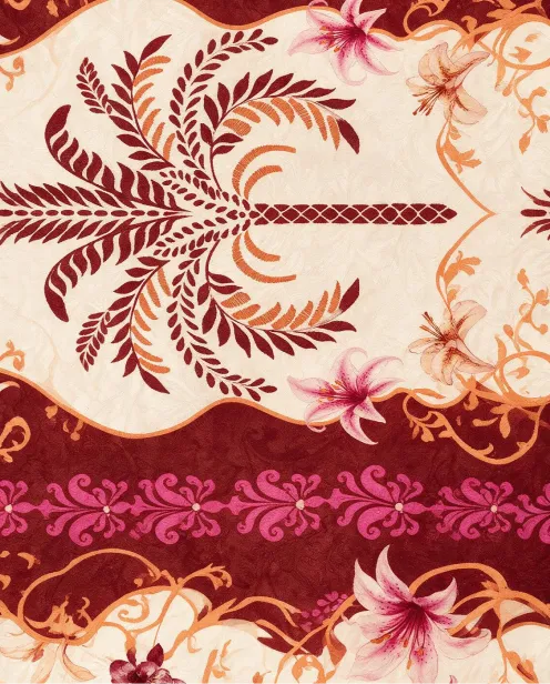Close-up de estampado botánico con palmeras estilizadas, cenefas florales y ornamentos simétricos en tonos vino, coral y fucsia sobre fondo marfil.