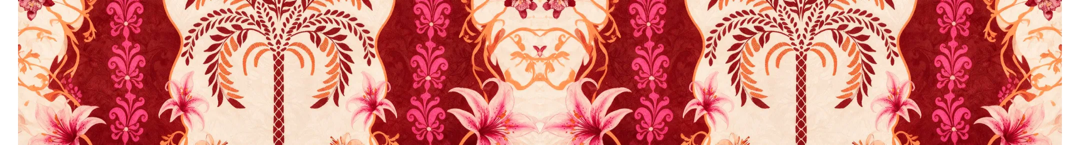 Estampado resort de inspiración botánica y aire tropical Textil de estética resort con palmeras gráficas, flores exóticas y marcos ornamentales en una composición de inspiración tropical.