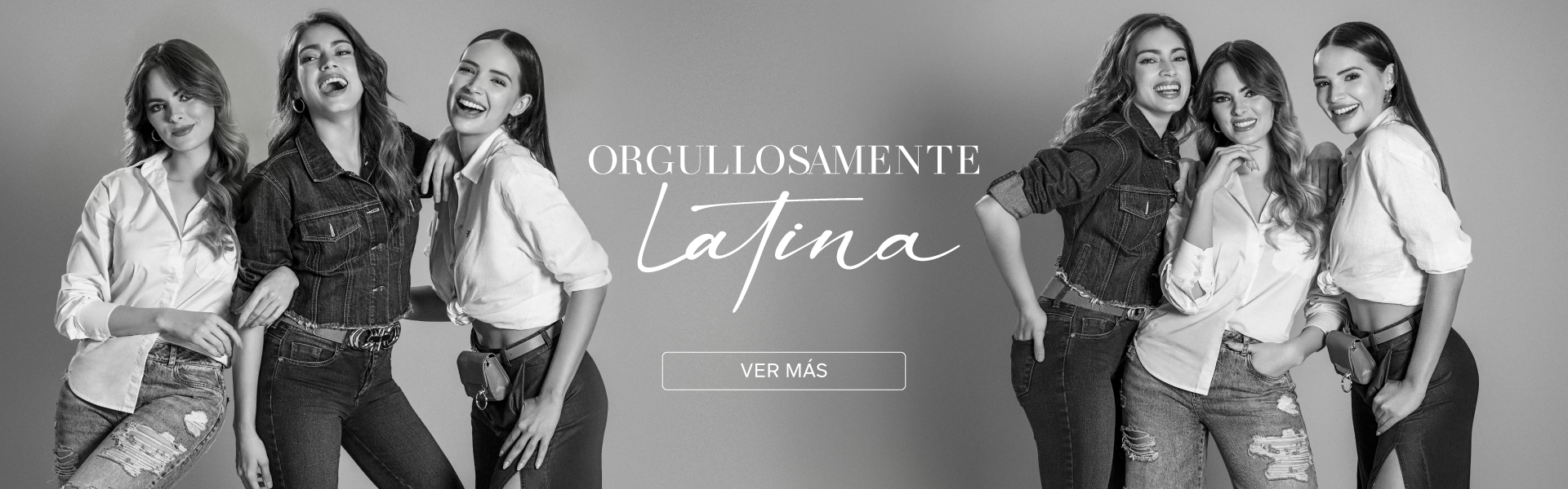 Foto en blanco y negro de Sofía Aragón, Laura Archbold y Sheldry Saéz con chamarras y blusas blancas para la campaña orgullosamente latina Studio F
